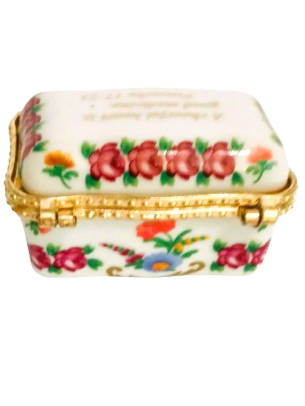 Imperial Porcelain Hinged Trinket Box Vtg Pink Floral with Bible Verse Gold Trim